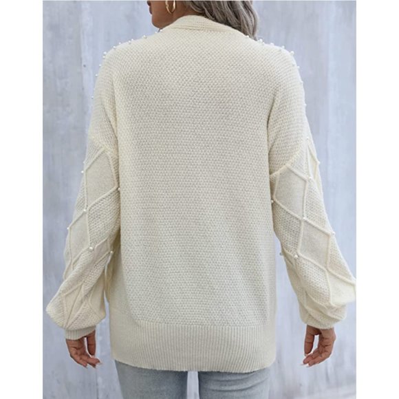 Off White Pearl Embellished Cable Knit Tie Front Wrap VNeck Long Sleeve Sweater - Picture 5 of 7